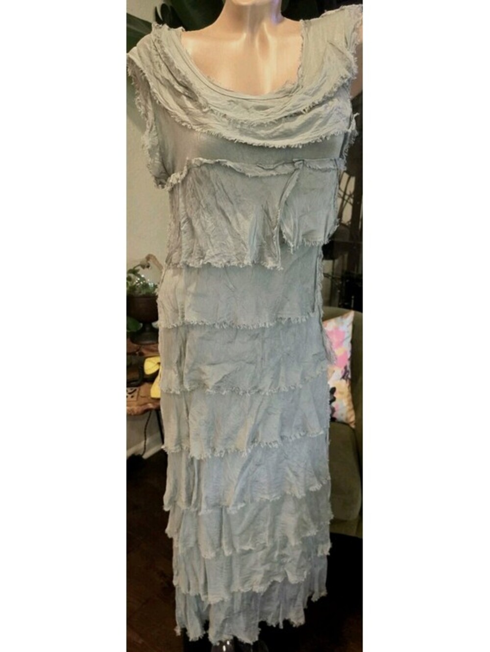 Gigi Moda Italian Silk Blend Layered Shabby Boho Tiered Maxi Dress Sage Italy OS